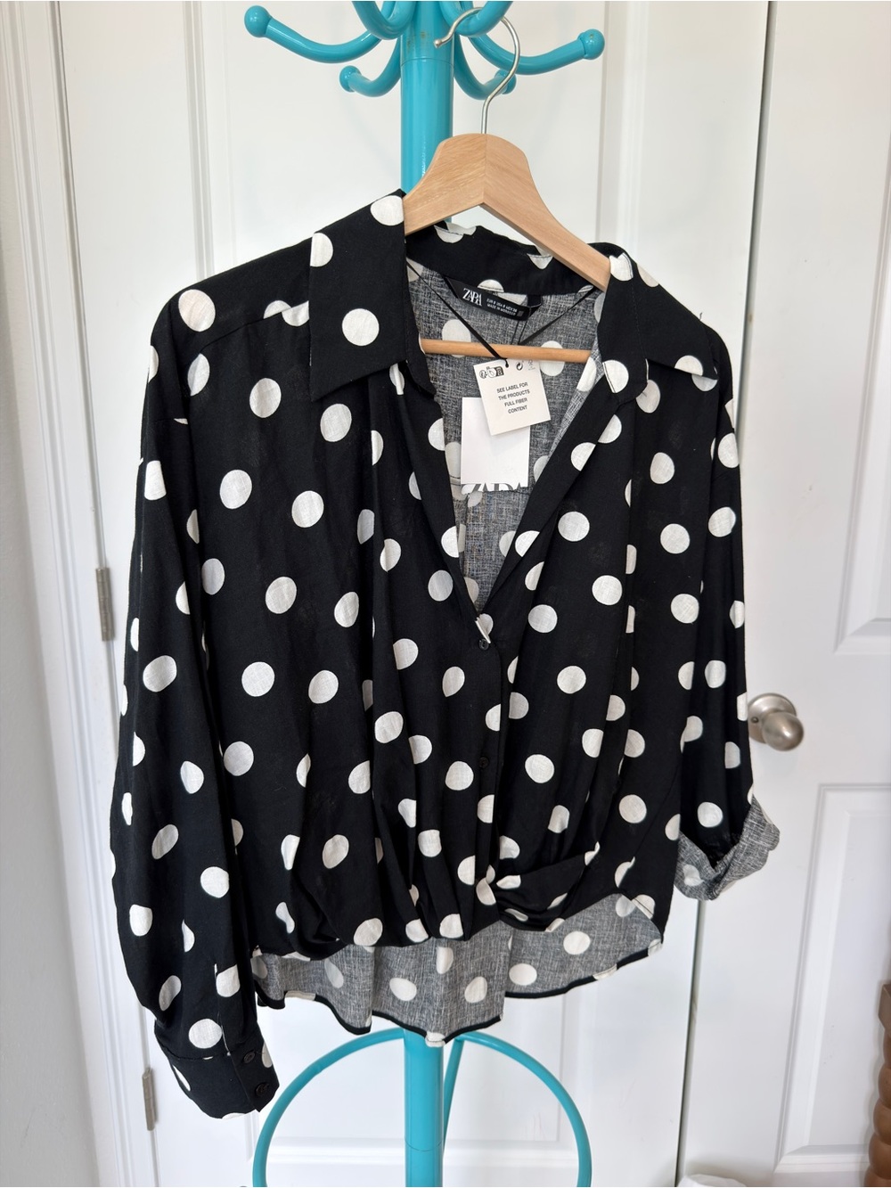 Zara Black Button-Down Blouse with White Polka Dots